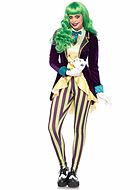 Weiblicher Joker aus Batman, Kostüm-Top und Leggings, Schleife, Rüschenbesatz, Samt, vertikale Streifen